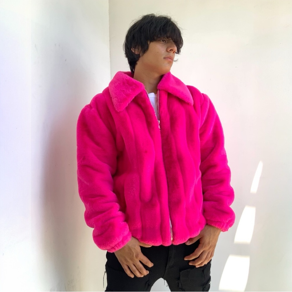 Men's Manzini Hot Pink Faux Fur Fuzzy Coat NWT